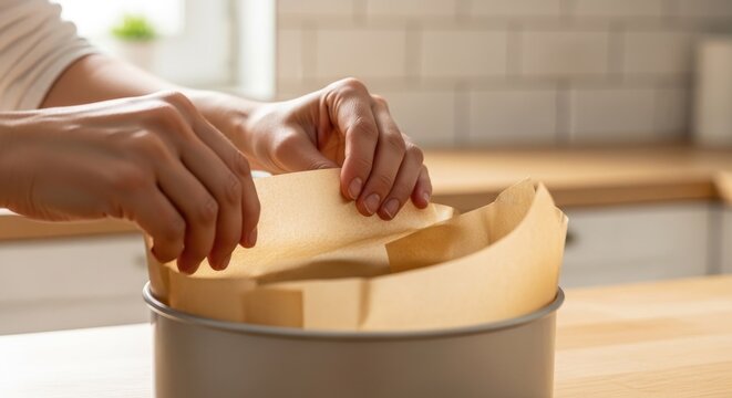 Hands carefully placing parchment paper inside a cake pan for baking.