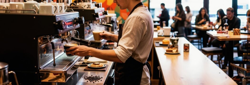 Barista makes coffee at a busy station with steam rising from the machine. People wait in line and sit at tables in a bright modern cafe. Morning rush service.