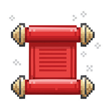 Rolled red parchment for royal invitation wedding announcement formal decree historical document archive fantasy storytelling quest information pixel art