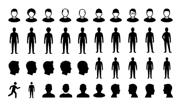 Male silhouette icon set with user profile avatars and standing man symbols vector collection