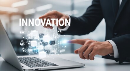 Fototapeta premium Businessman interacting with futuristic holographic innovation interface above laptop, for digital transformation, creative thinking, pursuit corporate success