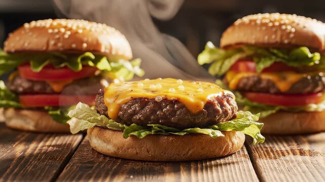 Three steaming cheeseburgers on wooden table perfect for cooking tutorials and recipe showcases