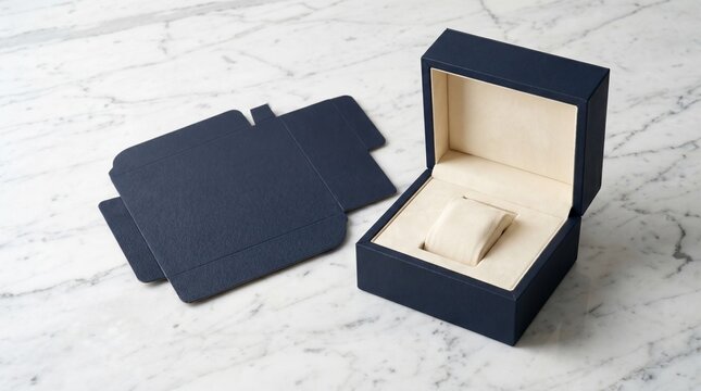 Luxury blue watch box with velvet interior and flat template on marble