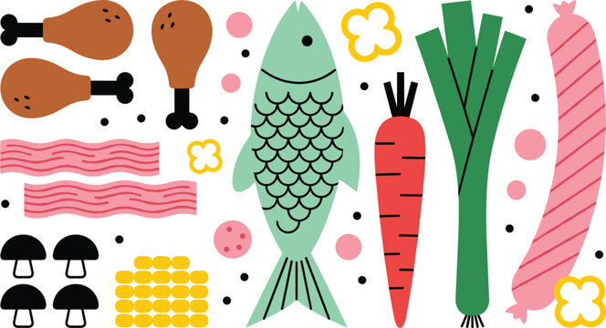 Food Ingredient Cartoon Icon Set Featuring Fish Meat Sausage Bacon Carrot Leek Corn Mushroom and Floral Elements for Cooking Kitchen Design Collection.