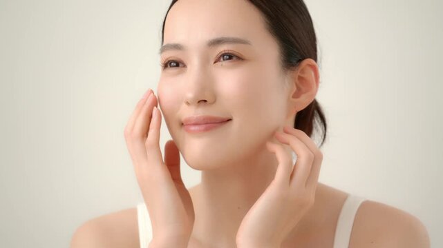 白背景の頬に手を当てる若い日本人女性のスキンケアイメージ