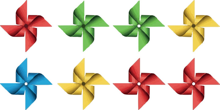 Colorful Pinwheel Set: Red, Green, Yellow, and Blue Windmill Icons for Kids' Party, Toys, and Outdoor Designs