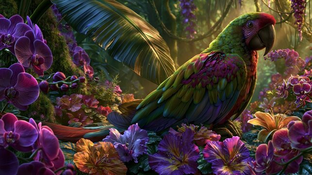colorful parrot jungle vibrant flowers detailed tropical wildlife illustration