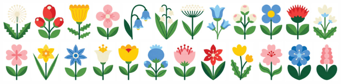 Minimalist geometric flower icons, set of 24 flat floral vector elements, colorful spring wildflower collection for nature branding and pattern design