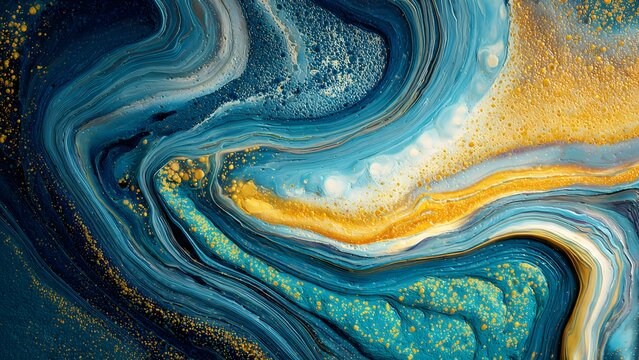 Abstract watercolor background featuring blue green and yellow swirls with a liquid paint texture and wavy sea flow design for an artistic wallpaper backdrop