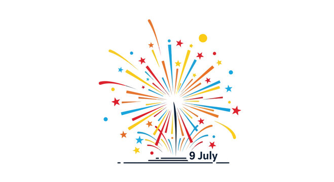 Colorful Fireworks Celebration 9 July Isolated on White Background