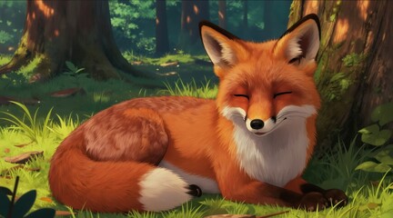 Fototapeta premium Content animal fox rests peacefully in sunlit forest clearing. Fluffy orange fur, white chest, bushy tail curled around body. Green grass, large tree trunk background. Serene natural habitat scene.