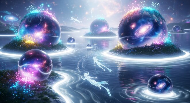 Ilustra&ccedil;&atilde;o abstrata de orbes e figuras flutuantes em um ambiente tranquilo.