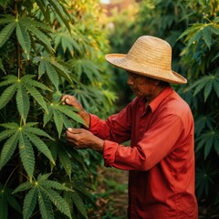 Naklejka premium Thai farmer in straw hat examines large green kratom leaves in sunlit garden. Man wears red shirt working among tropical plants in field. Rural worker checks foliage growth at farm.