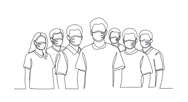 Continuous line drawing of a diverse group of people wearing face masks, symbolizing unity and public health awareness.