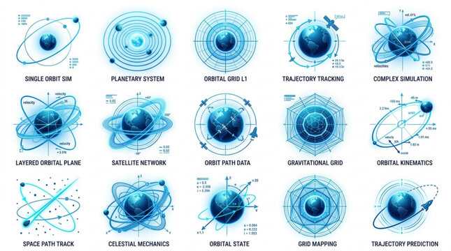 Futuristic ui icon pack for technology and space exploration with blue orbital graphics