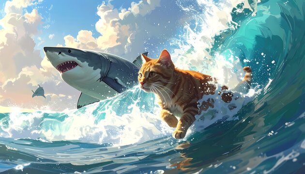 A cat and shark surfing on a wave