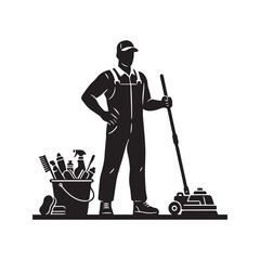 Professional cleaner silhouette with floor mop and bucket for janitorial services  © Journey
