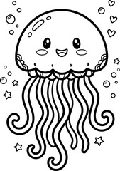 Naklejka premium Cute cartoon jellyfish smiling underwater with bubbles for children