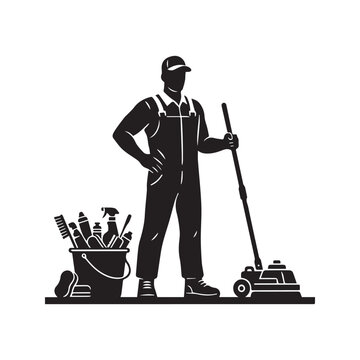 Professional cleaner silhouette with floor mop and bucket for janitorial services
