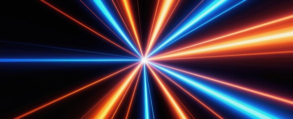 Fototapeta premium Abstract tunnel with blue and orange neon lines radiating from center. Futuristic light streaks create sense of speed and energy. Perfect for tech or music themes.