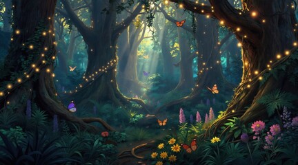 Naklejka premium Enchanted forest with glowing fairy lights, butterflies, and wildflowers. Sunbeams shine through rich green trees, creating a magical, dreamy atmosphere perfect for fantasy.