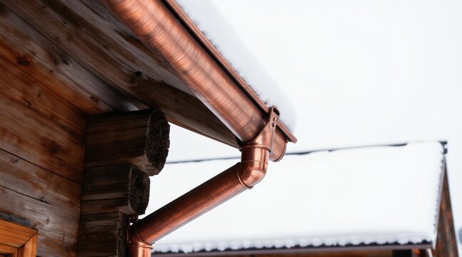 Copper gutter system on a rustic log house. Snow covers roof edges and downspout. Detail of wooden wall and exterior house parts. Winter season weather protection and architecture.
