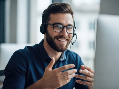 Smiling man with headset talking on phone at desk
