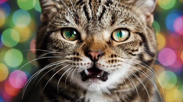 Closeup of a tabby cat with open mouth for creative digital media and visual arts