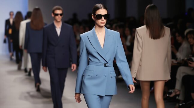 Models walk on catwalk in stylish suits. Woman in blue blazer, man in dark suit, other models follow. Fashion show audience watches from blurred background.
