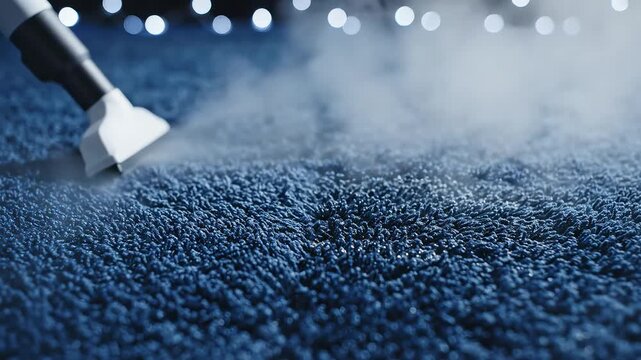 Vacuum cleaner cleaning blue carpet highlighting geometric patterns and contemporary art