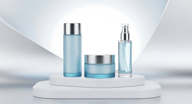 Set of blue glass cosmetic bottles and cream jar for skin care products on a modern white podium display