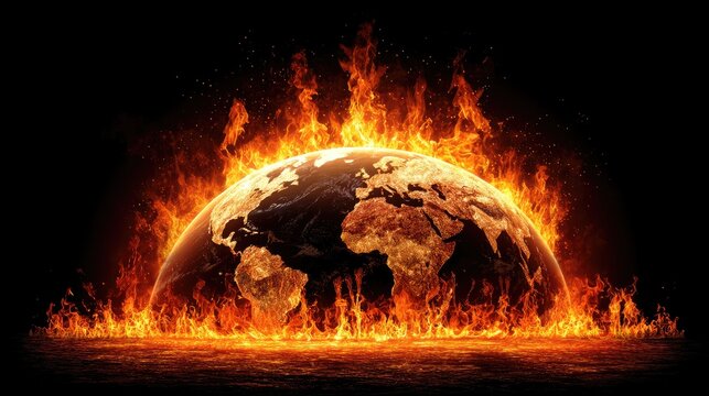 Earth engulfed in flames, fiery landscape symbolizes climate change, global warming, environmental crisis, natural disaster, and ecological emergency