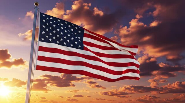 American flag waving in sunset sky emphasizing modern aesthetics and minimalist design