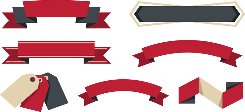 Versatile vector collection of decorative banners, ribbons, and blank tags in flat design style, ideal for modern graphic design, promotional elements, or stylish web labels