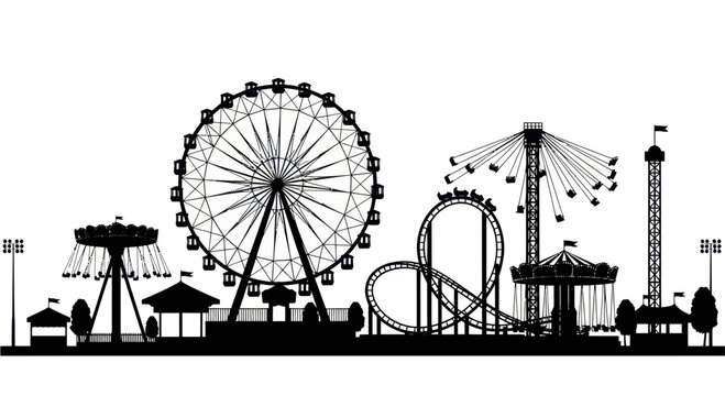 Amusement park silhouette with Ferris wheel, roller coaster, and rides.