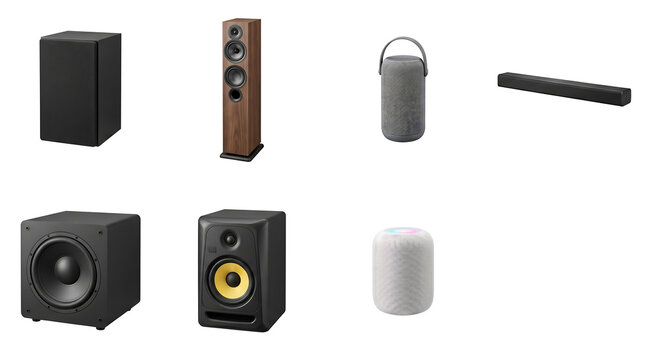 Professional audio speaker collection on white background featuring subwoofer soundbar studio monitor and smart speaker for consumer electronics retail and home theater advertising.