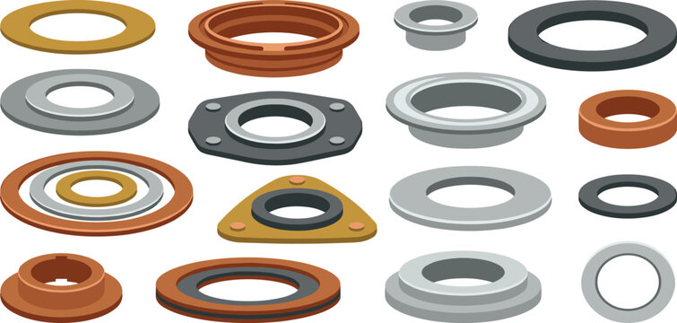 Various industrial rings and washers in different shapes and materials for mechanical applications and engineering projects