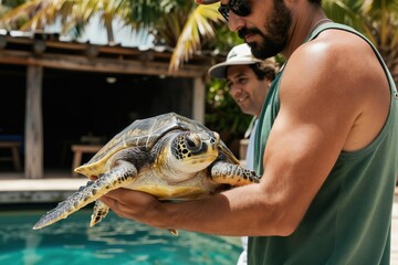 Naklejka premium Man gently holds large sea turtle near blue pool water. Another man smiles in background. Tropical plants surround outdoor area. Focus on reptile conservation effort in this island setting.