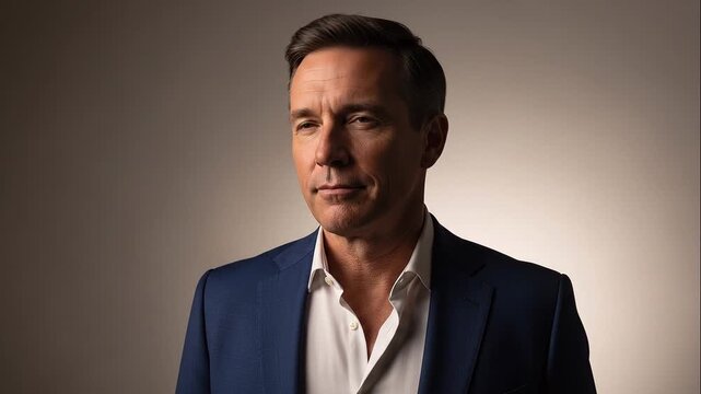 Mature executive man in navy suit with neutral beige background, calm and authoritative expression, slight head tilt, subtle breathing motion
