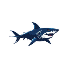 Fototapeta premium Shark displays a ferocious expression with sharp teeth and open jaws while swimming through the deep blue ocean water, captured in a detailed graphic style that highlights the predator's power.