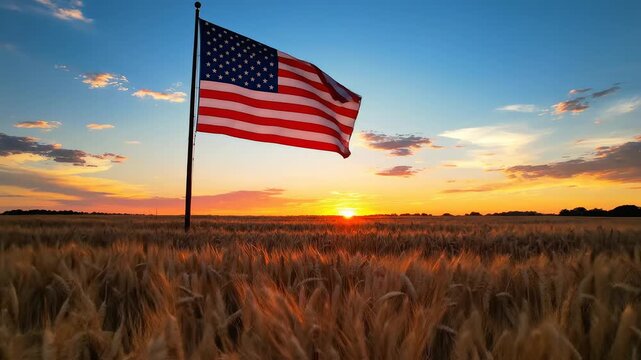 American flag in wheat field at sunset highlighting environmental conservation and serenity