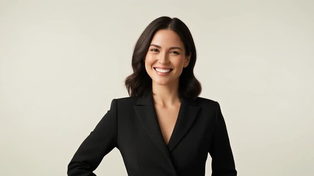 Professional woman in black blazer against light cream neutral background, relaxed but confident stance, natural blinking, gentle hair movement, balanced three-point lighting setup