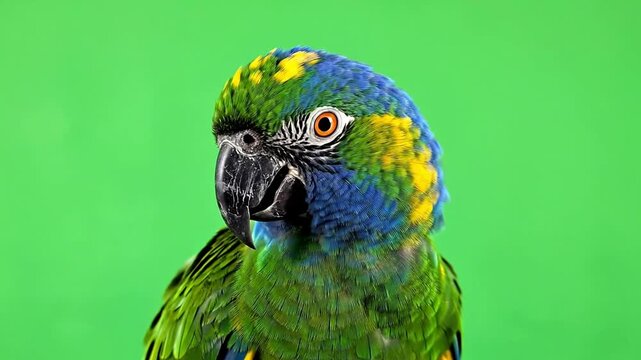 Colorful Parrot With Vibrant Green and Blue Feathers Against Green Screen Background Showcasing Texture and Expression Ideal for Wildlife and Animal Content
