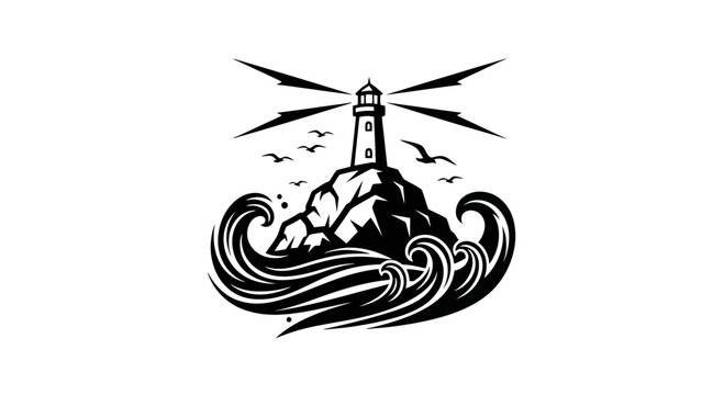 dramatic lighthouse on rocky island with waves and lightning.