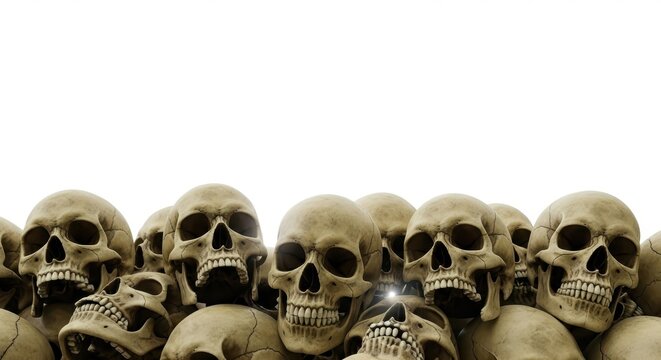 Eerie collection of human skulls against white background