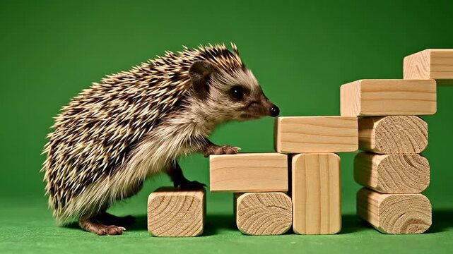 Curious Hedgehog Exploring Wooden Blocks on Green Background in Studio Setting