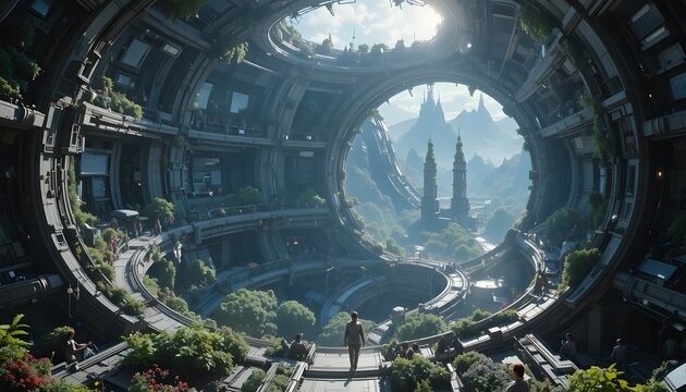 Humans living inside a massive space colony ring orbiting Earth, advanced architecture, artificial ecosystems, bright sunlight, ultra-detailed
