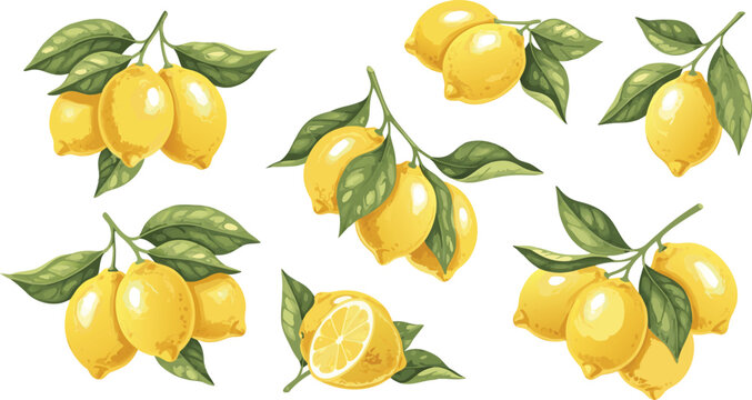Lemon fruit illustration set with branches, leaves, and slices, fresh citrus collection for food design, packaging, menu, summer drinks, and organic product graphics use