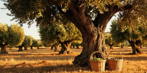 Naklejka premium Ancient olive trees stand in a field during harvest season. Wicker baskets full of fresh olives rest under a large gnarled tree. Golden sunlight illuminates the grove in autumn.