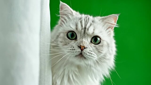 Curious Silver Tabby Cat Peeking Around a Corner in Front of a Vibrant Green Background
